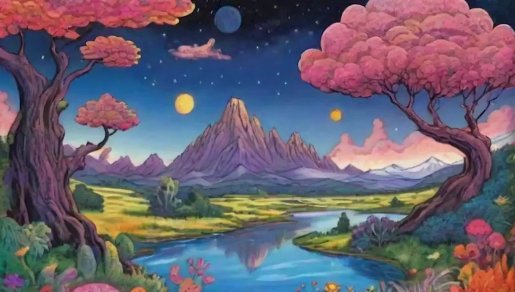 Un paisaje surrealista lleno de colores vibrantes y elementos místicos.