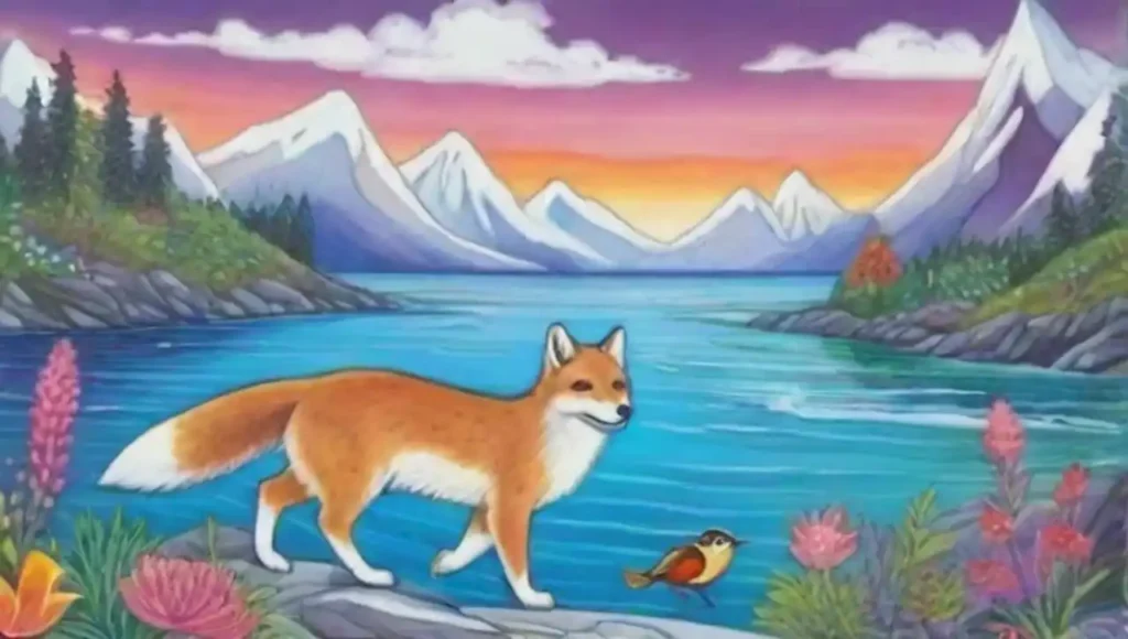 Escena mágica con animales diversos en paisajes coloridos.