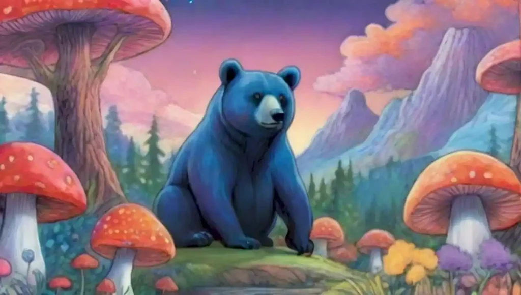 Un oso surrealista en un bosque de ensueño lleno de colores vibrantes y formas abstractas.