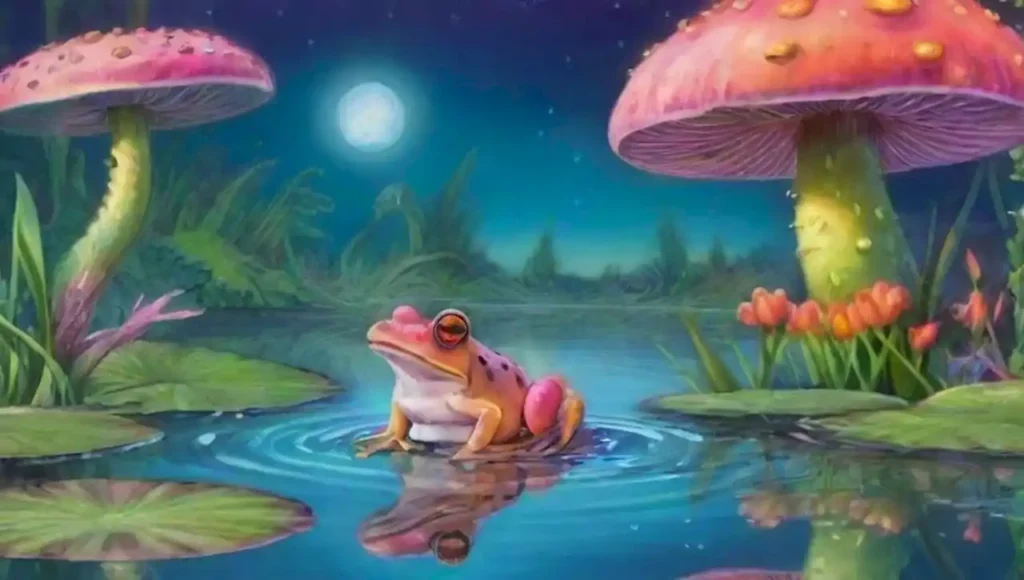 Un paisaje surrealista subacuático lleno de ranas coloridas y elementos etéreos.