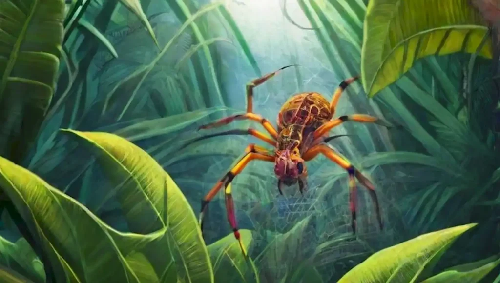 Araña surrealista de colores vibrantes en una jungla tropical.