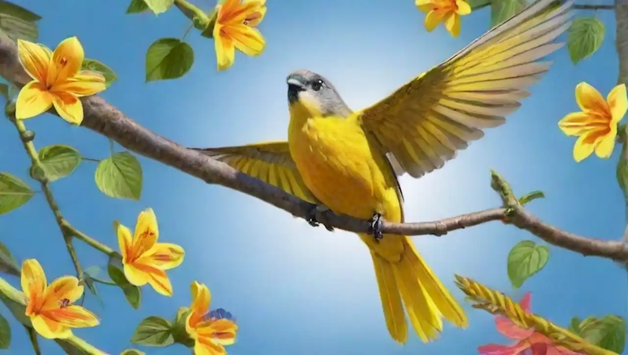 Un pájaro de plumas amarillas y grises vuela sobre un bosque tropical vibrante y un río cercano.