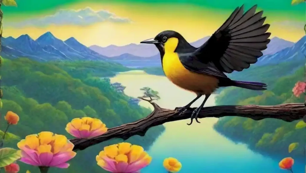 Un pájaro vibrante amarilo y negro descansa en una rama torcida de un paisaje onírico lleno de flores gigantes y luz suave.