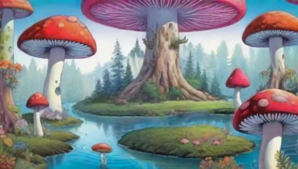 Un paisaje surrealista y vibrante lleno de flora y fauna mágica.