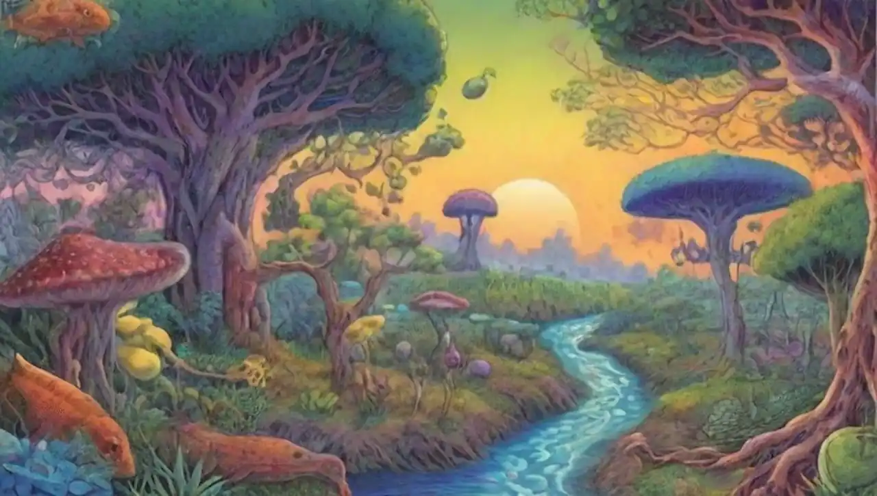 Paisaje surrealista con criaturas fantásticas y ecosistemas mágicos.