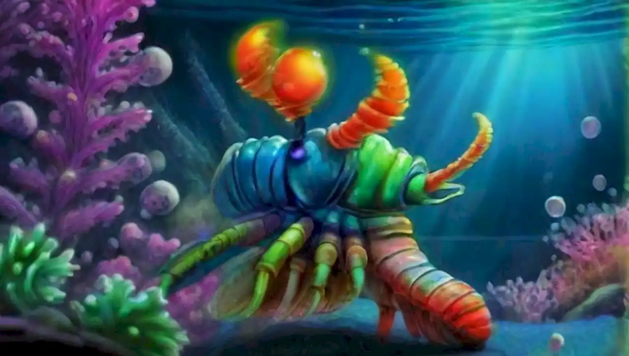 Paisajes submarinos surrealistas con coloridos camarones mantis y criaturas etéreas.
