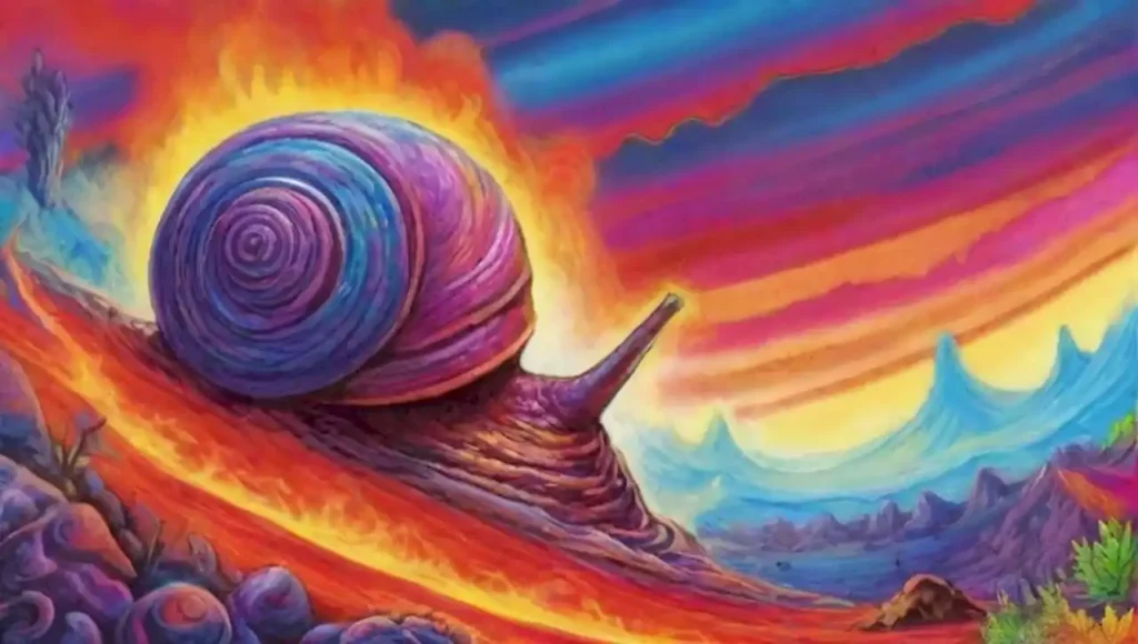 Un caracol de lava colorido en un paisaje volcánico surrealista.