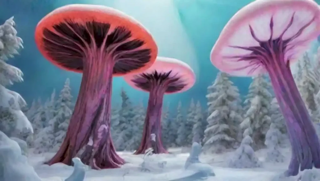 Wolverine en un bosque nevado con árboles surrealistas y una atmósfera onírica.