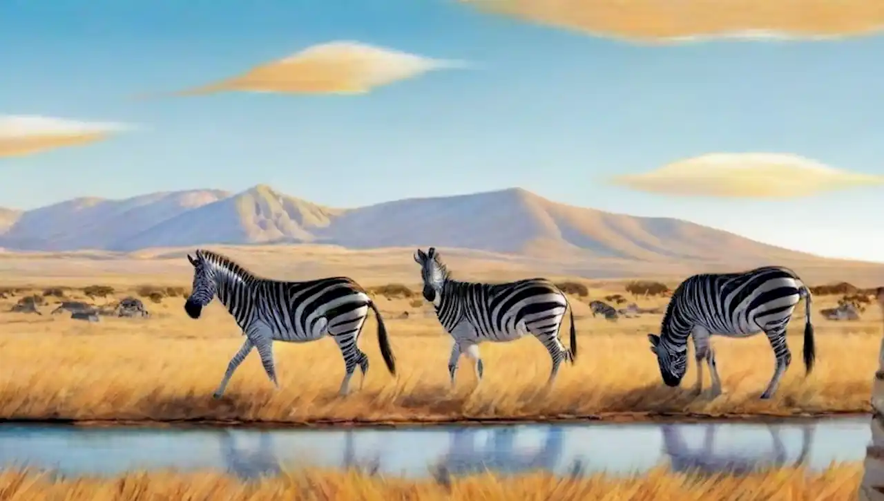 Zebras juegan en una vasta sabana bajo un cielo azul, rodeadas de naturaleza vibrante.