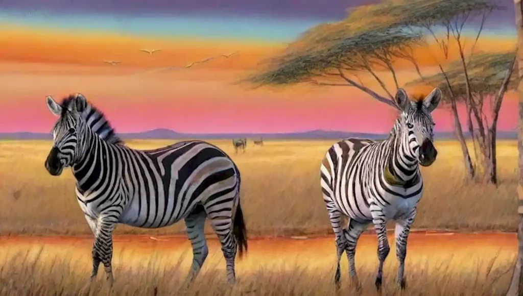 Cebra surrealista en un paisaje vibrante con árboles gigantes y un atardecer onírico.