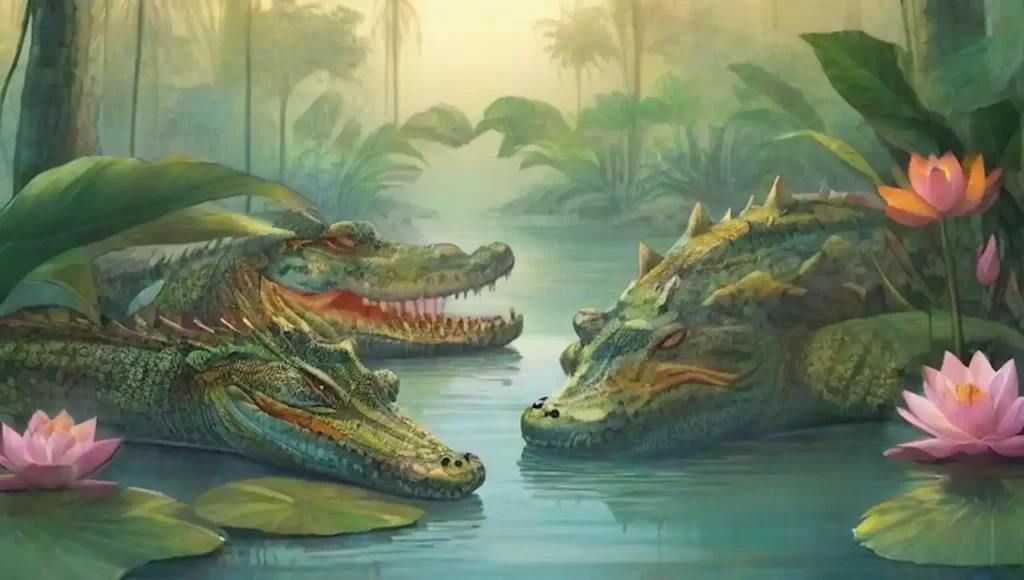 Un paisaje onírico de cocodrilos y caimanes en una jungla surrealista.