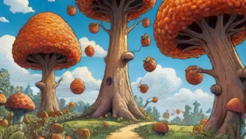 Un paisaje surrealista y mágico lleno de árboles gigantes