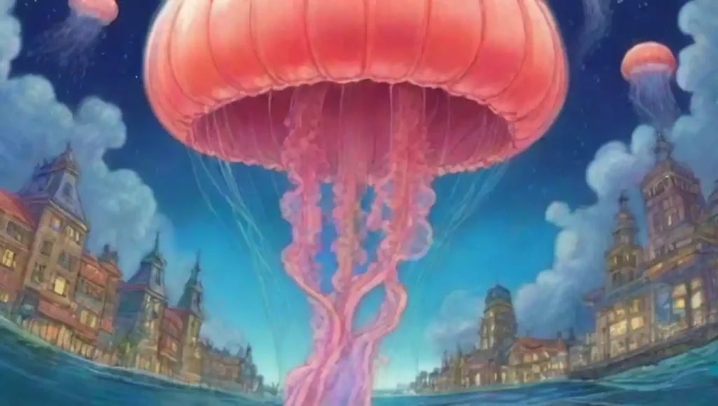 Escena surrealista oceánica con medusas gigantes y una ciudad submarina colorida.