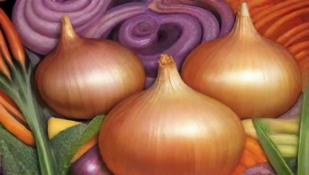 Un paisaje surrealista de cebollas con colores vívidos y elementos culinarios abstractos.