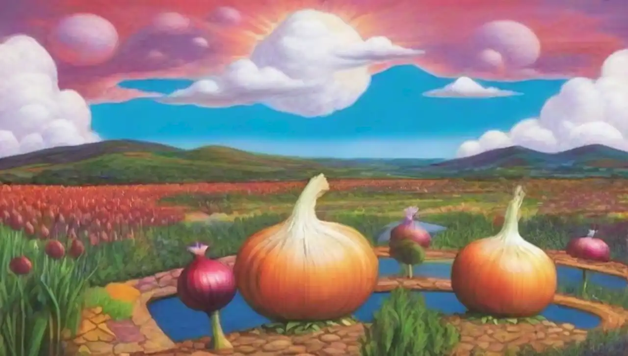 Un paisaje surrealista con cebollas gigantes flotando y chefs juguetones en una cocina mágica.