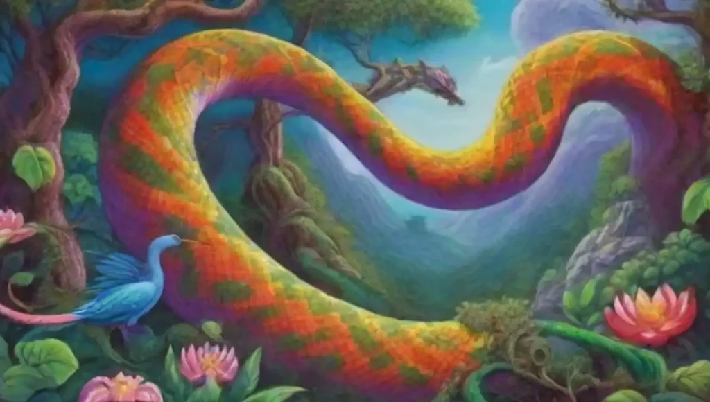 Serpiente colorida en una jungla surrealista llena de flora y misterios.