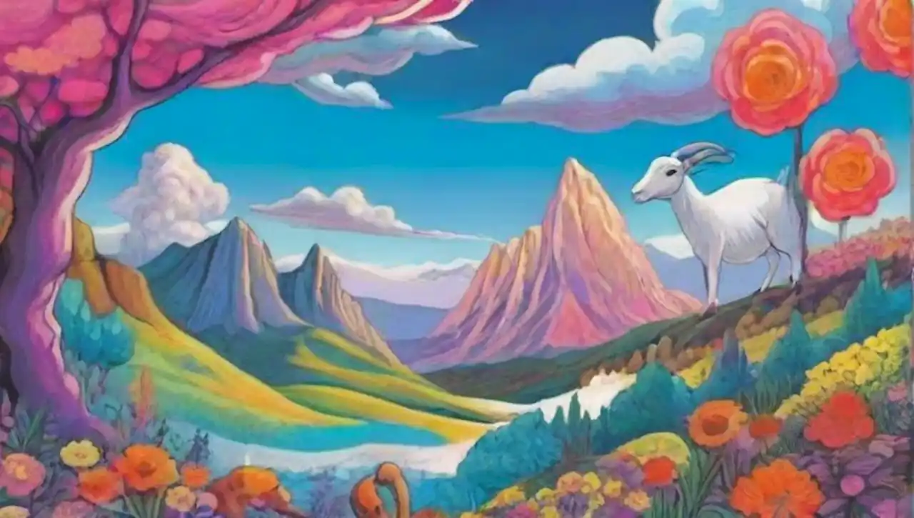 Un paisaje surrealista con cabras flotantes y elementos abstractos y coloridos.