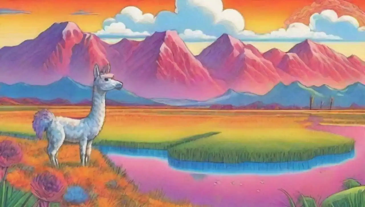 Paisaje surrealista con montañas andinas, llamas coloridas y un cielo luminoso.