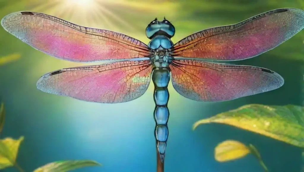 Una libélula colorida reposó en una hoja
