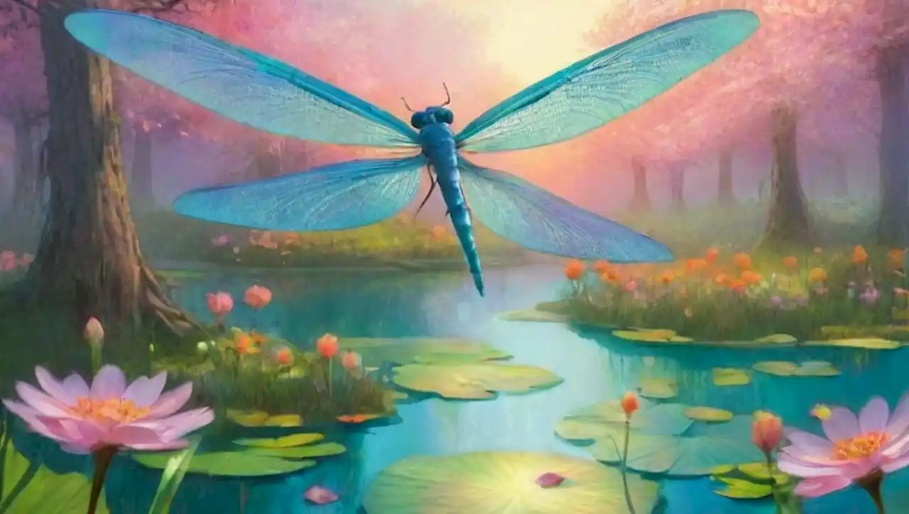 Un paisaje surrealista y mágico con libélulas gigantes y colores luminosos.