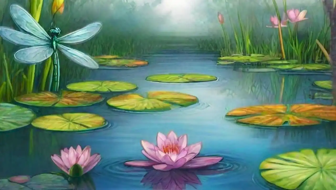 Un paraíso surrealista de libélulas con colores vívidos y un ambiente onírico.