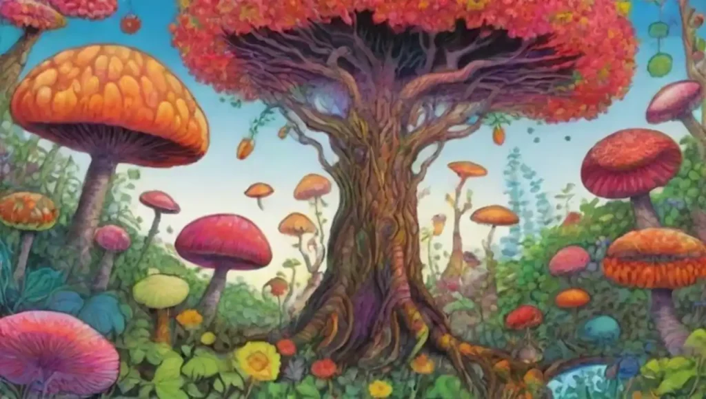 Paisaje surrealista de flores gigantes y plantas luminosas en un bosque onírico.