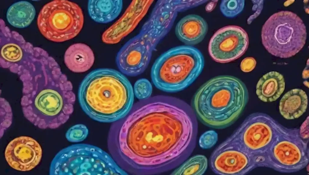 Un paisaje surrealista de células microscópicas y estructuras celulares coloridas y vibrantes.