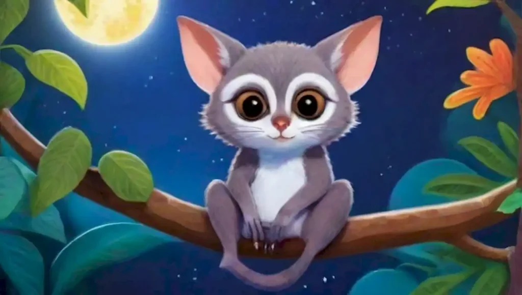 Galago curioso en una selva psicodélica bajo una luna surrealista.