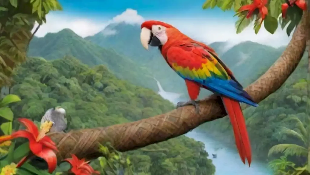 Una guacamayo rojo vibrante en un bosque tropical lleno de flora y fauna.