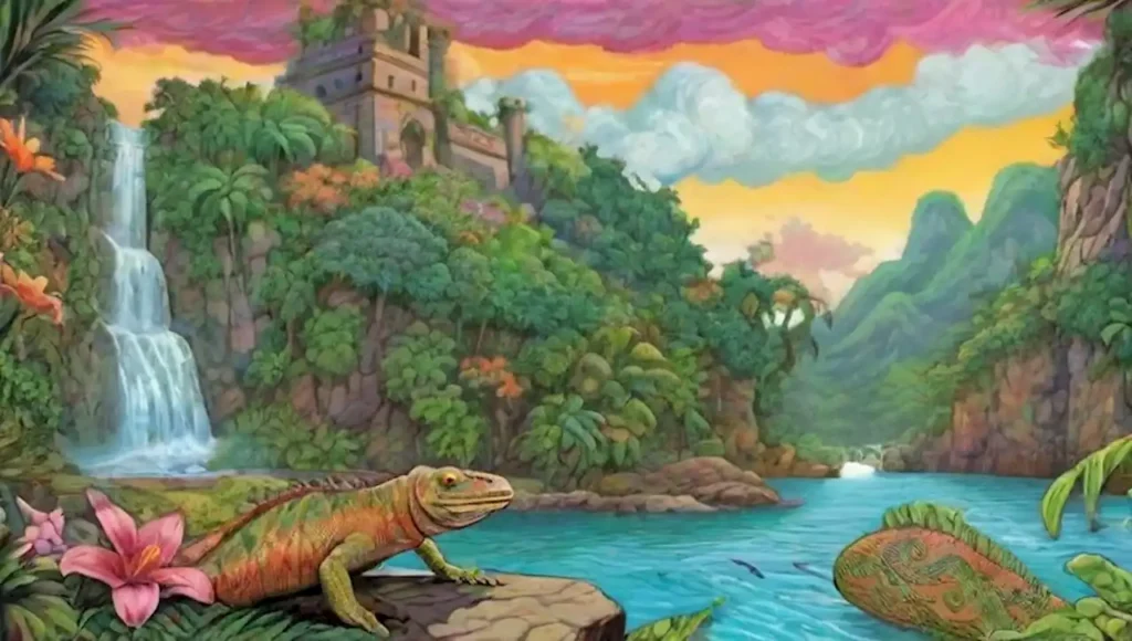 Paisaje surrealista con iguanas gigantes