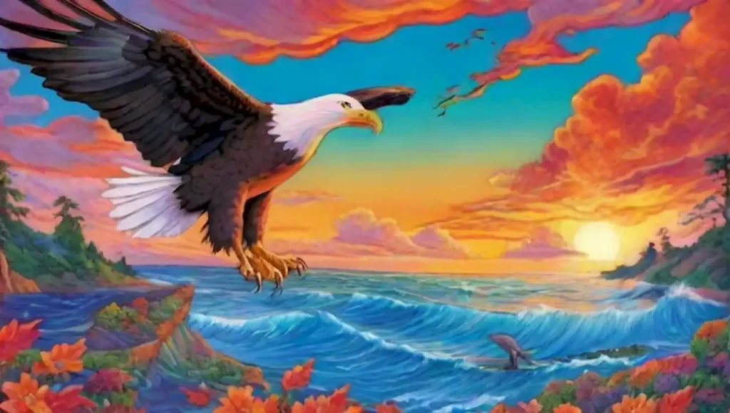 Un águila marina gigante vuela sobre un océano vibrante con paisajes oníricos y criaturas misteriosas.