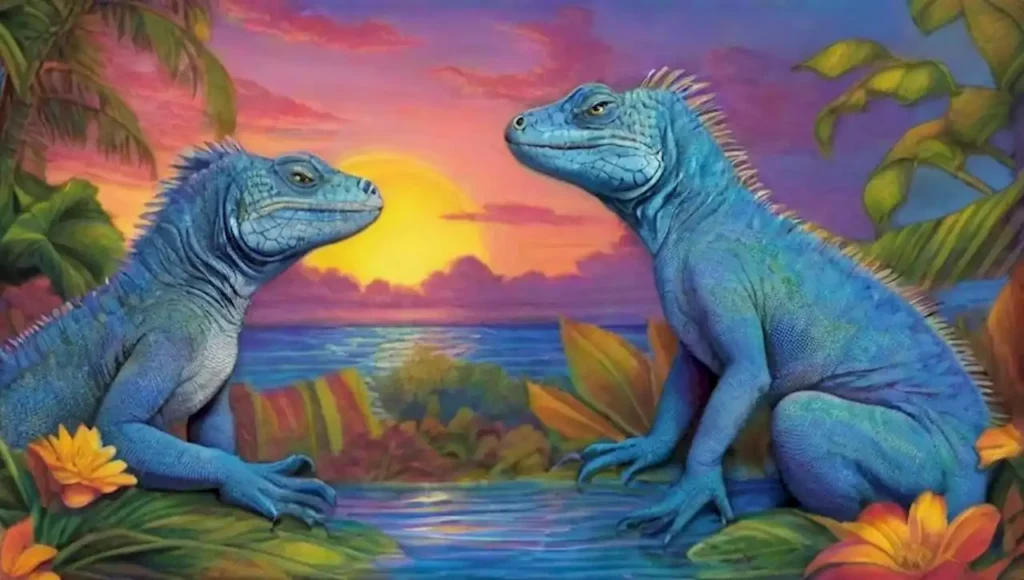 Iguanas azules disfrutan de un atardecer mágico en un paisaje tropical surrealista.