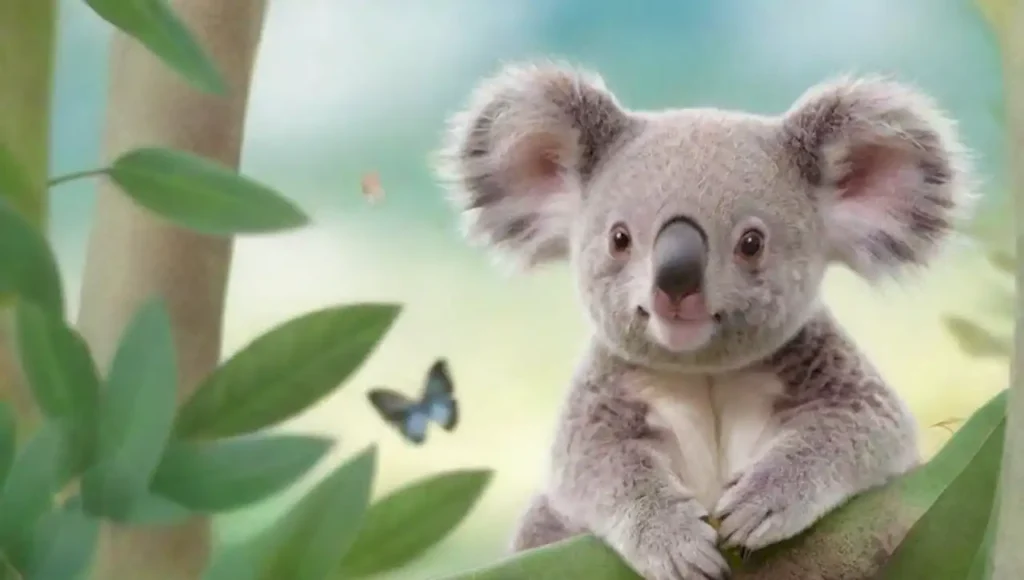 Un koala tranquilo en un árbol de eucalipto rodeado de naturaleza vibrante.