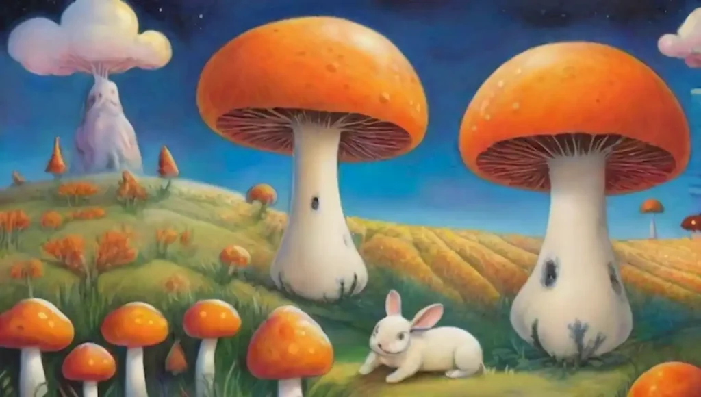 Un paisaje surrealista lleno de conejos y zanahorias gigantes en una atmósfera encantadora.