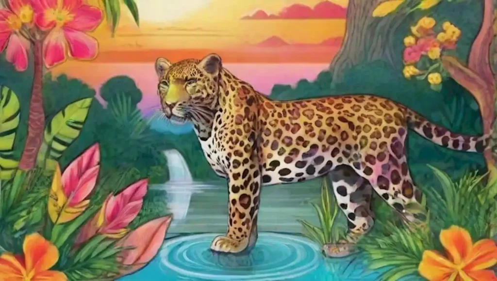 Un leopardo majestuoso en una jungla de colores vívidos y un ambiente onírico.