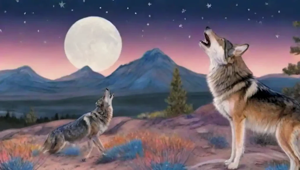 Lobos mexicanos aullando bajo la luna en un paisaje desértico y sereno.