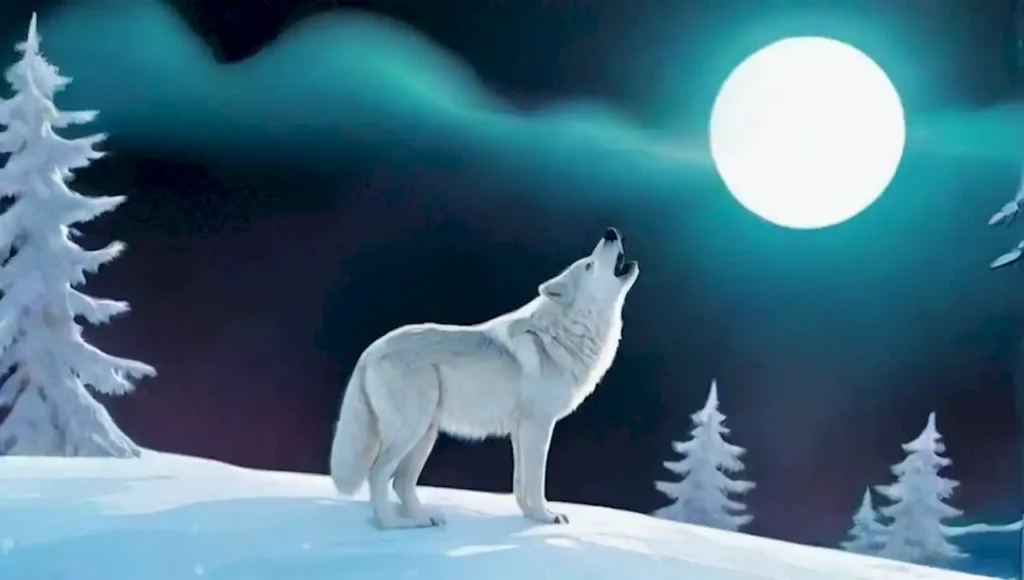 Un lobo ártico aúlla bajo la luna en un paisaje de tundra nevada y luces del norte.