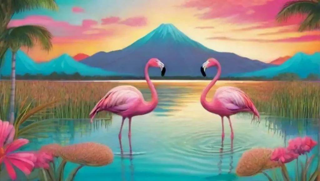 Flamingos rosados en aguas turquesas y un paisaje surrealista al atardecer.