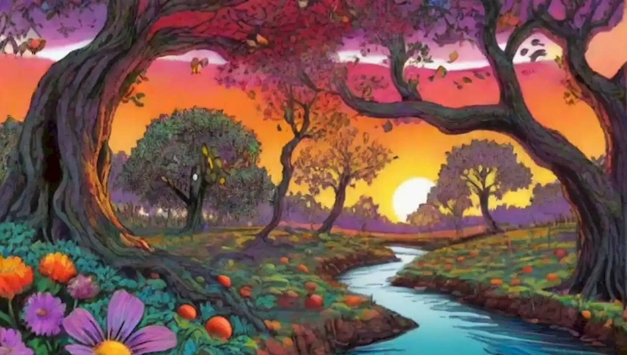 Un paisaje surrealista y mágico lleno de vida y colores.