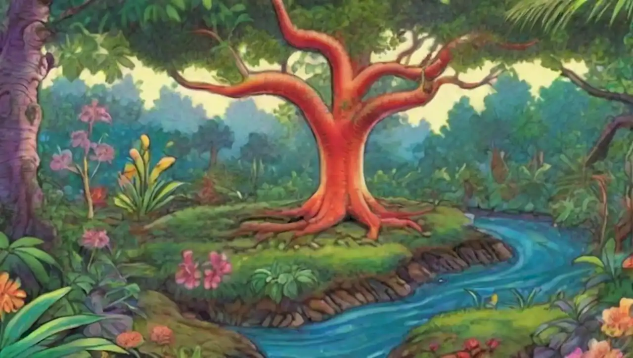 Paisaje surrealista con jungla vibrante, animales exagerados y colores de ensueño.