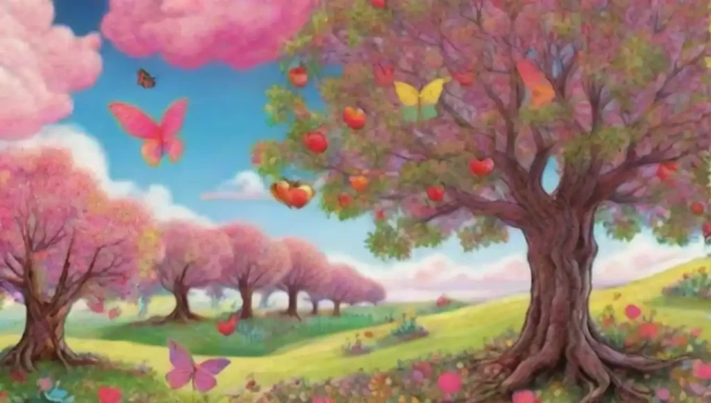 Un árbol de manzana mágico con flores rosas en un paisaje surrealista y criaturas etéreas.