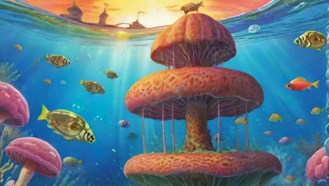 Un paisaje oceánico surrealista con corales, medusas, tortugas y un castillo submarino.