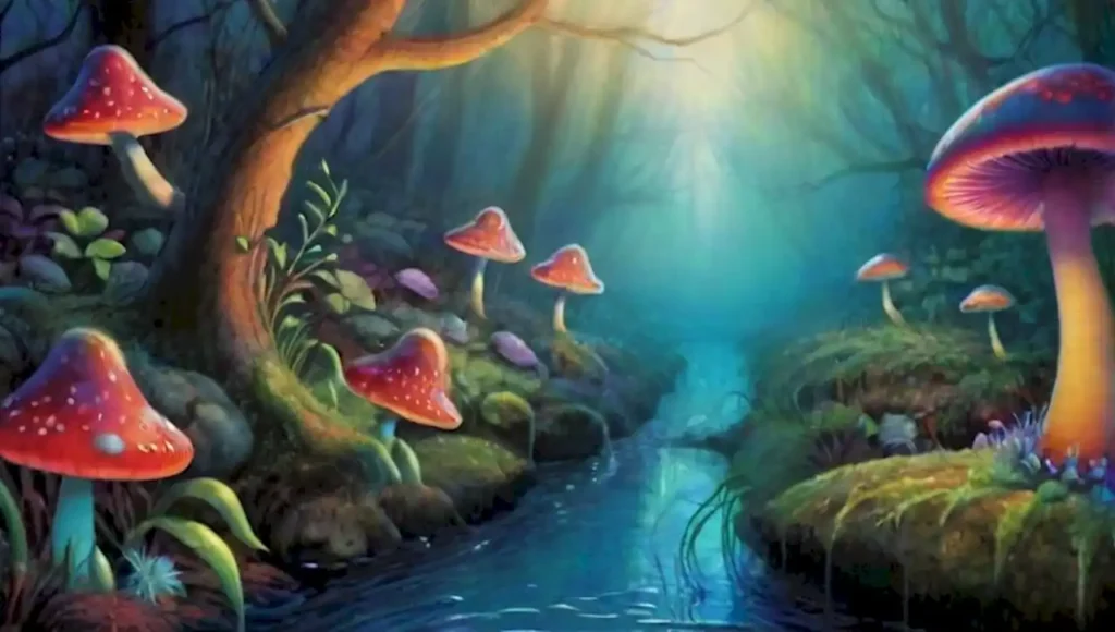 Cienpiés coloridos y plantas bioluminiscentes crean un mundo mágico y surrealista.