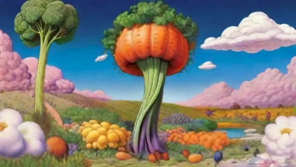 Un mundo surrealista de verduras y frutas flotantes.