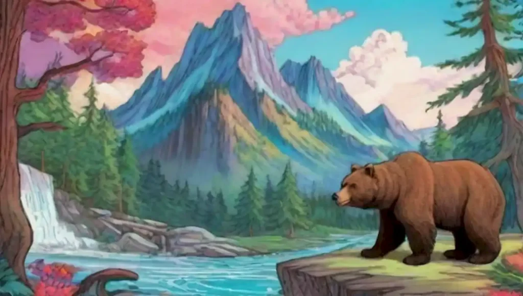 Oso grizzly en un bosque místico con paisajes surrealistas y colores vibrantes.