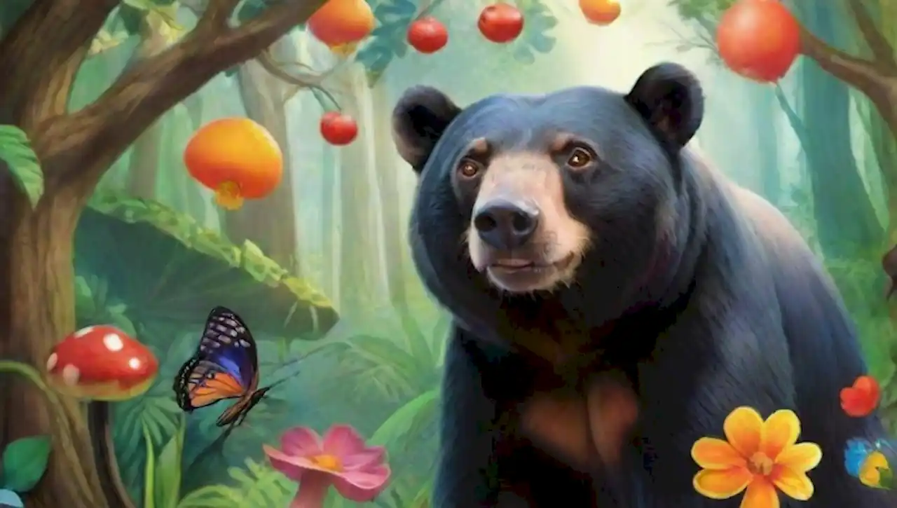 Un oso del sol de Malasia en un bosque vibrante y surrealista.