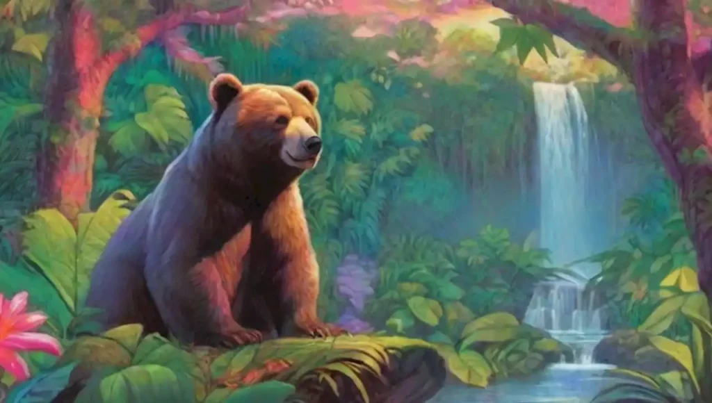 Un oso malayo en una jungla mágica y colorida.