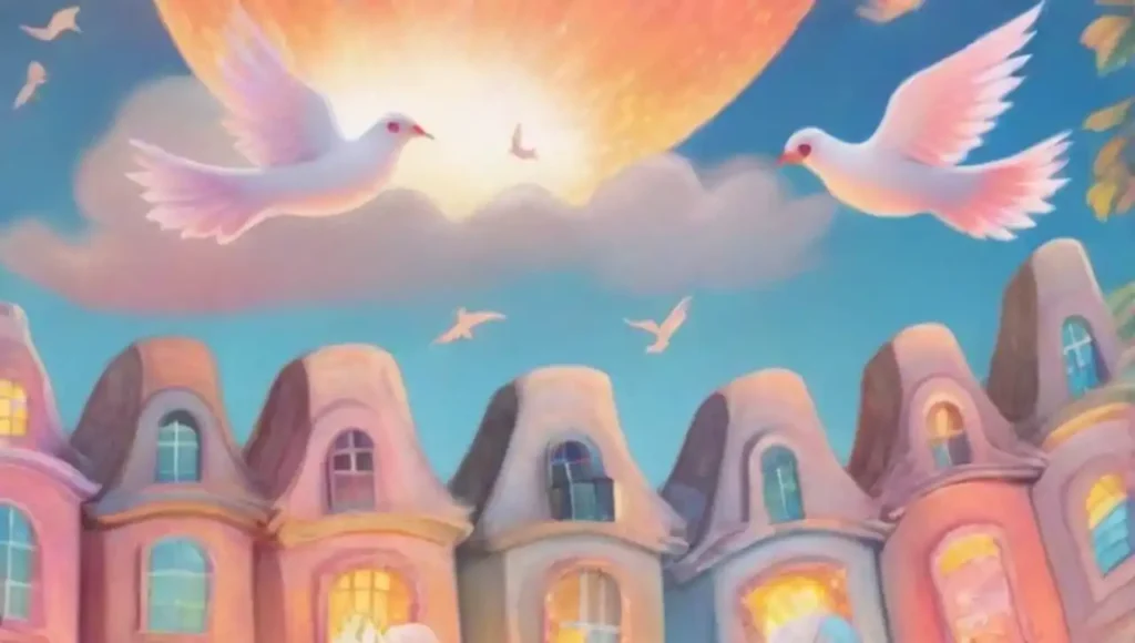 Palomas coloridas vuelan en un cielo onírico
