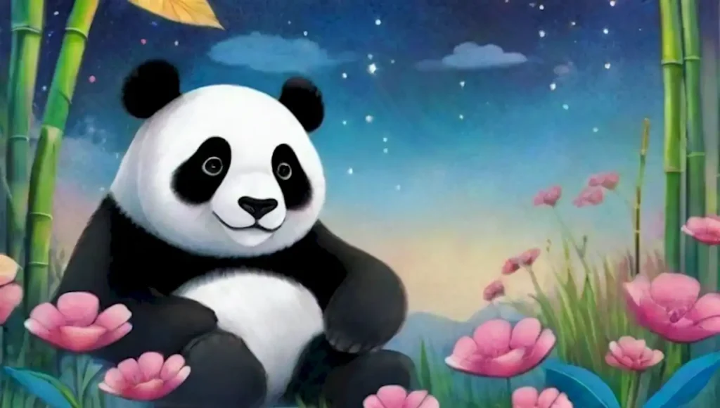 Un panda surrealista flota en un bosque de bambú onírico lleno de colores vibrantes y sombras juguetonas.