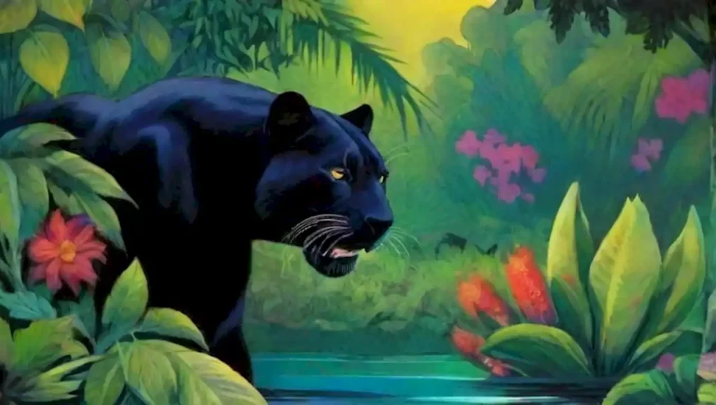 Pantera negra en una jungla vibrante y surrealista